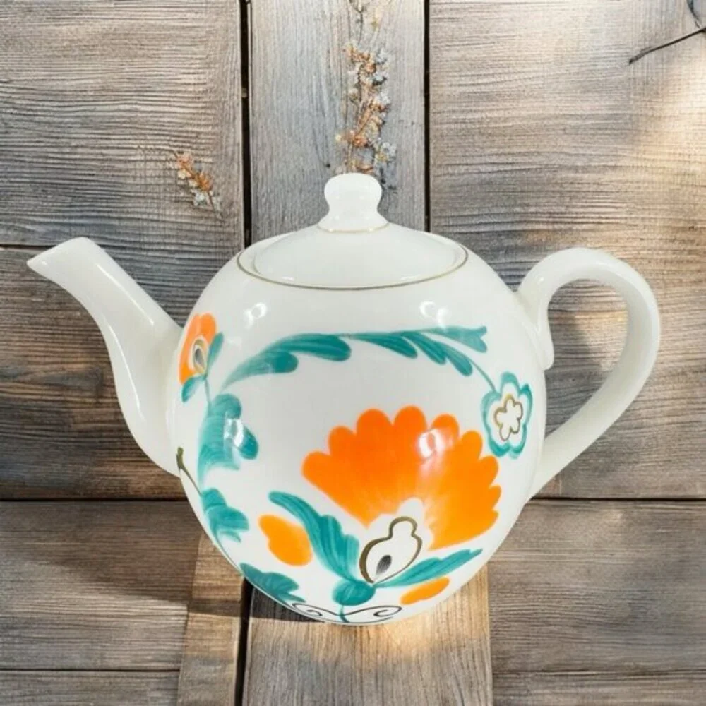 Anthropologie Stoneware‎ Ceramic Teapot Carafe Tea Pot With Green Orange Flowers